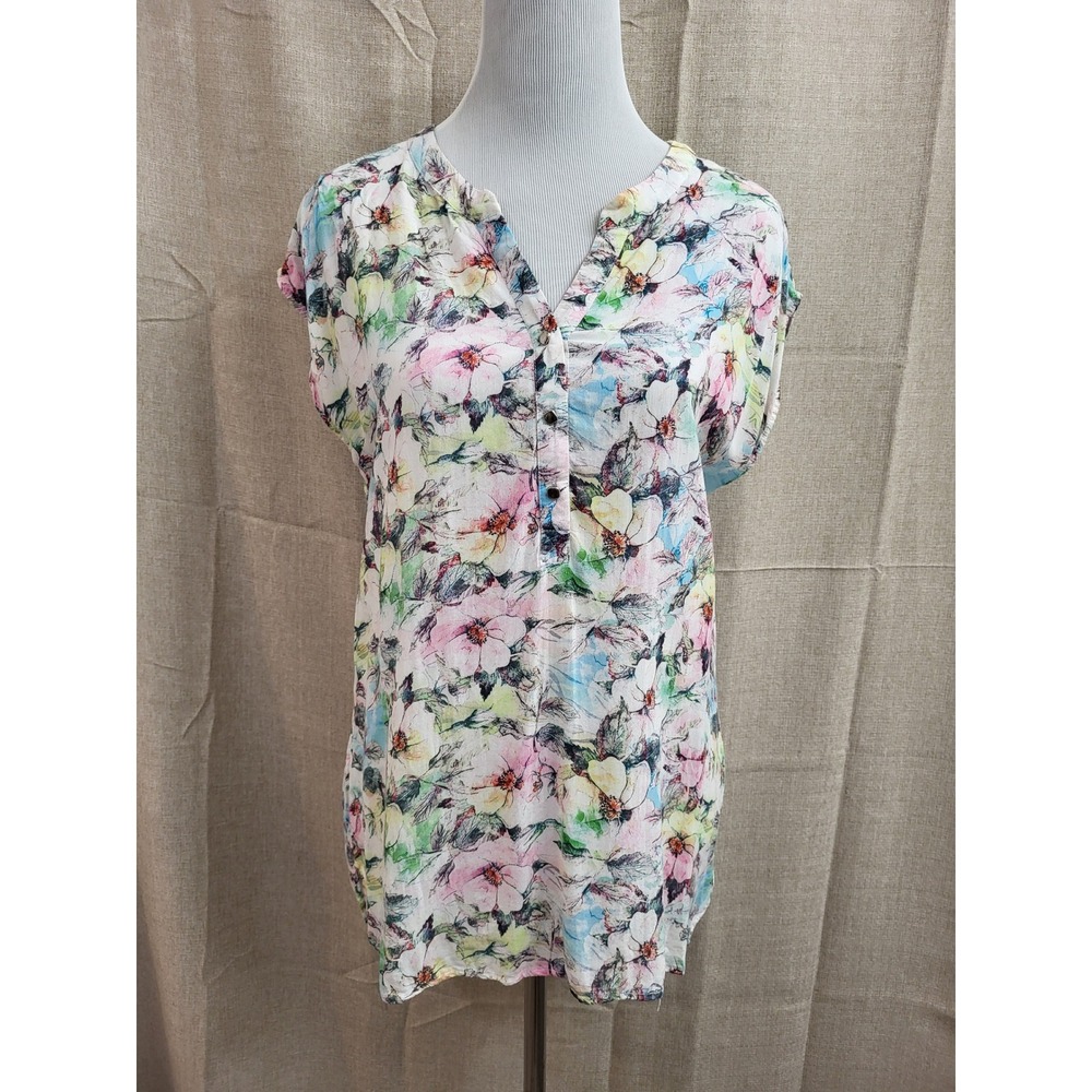 Antilia Femme Women Floral Rayon Tunic Top Short Cap Sleeve V-Neck Blouse Medium